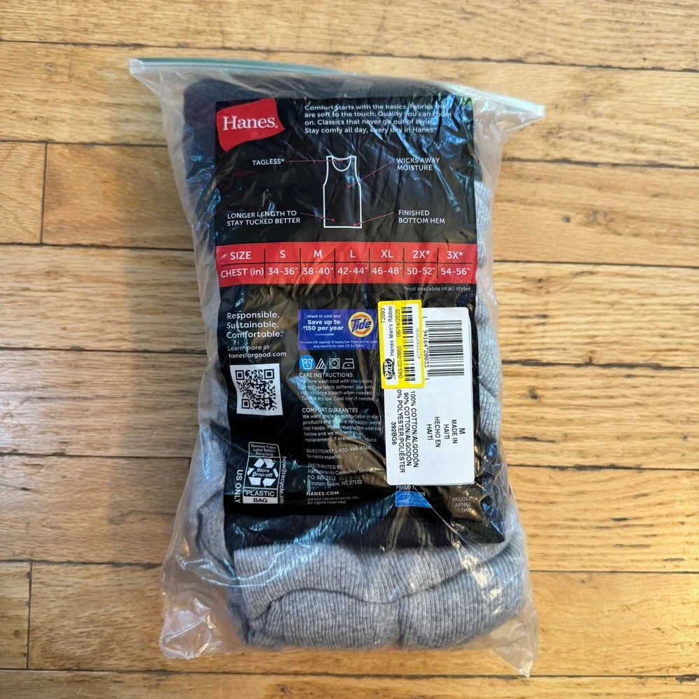 Hanes Mens Tagless Ribbed Tank Top 5 Pack Black Grey Heather Size M
